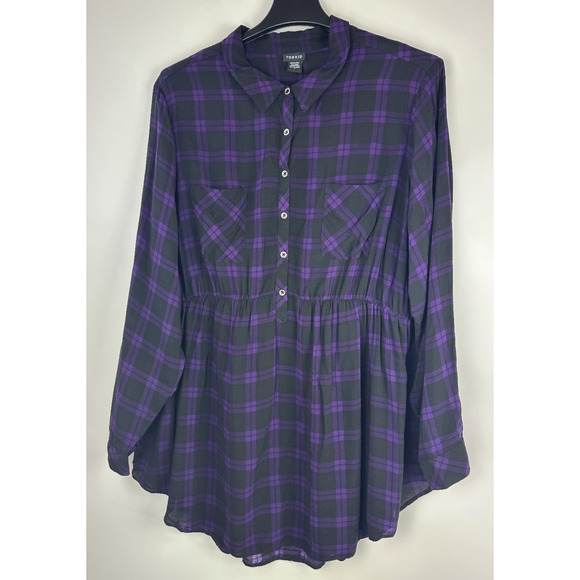 Torrid Emma Plaid Challis Babydoll Tunic Top Purple Black Pocket Plus Size 4 4X - Picture 2 of 12